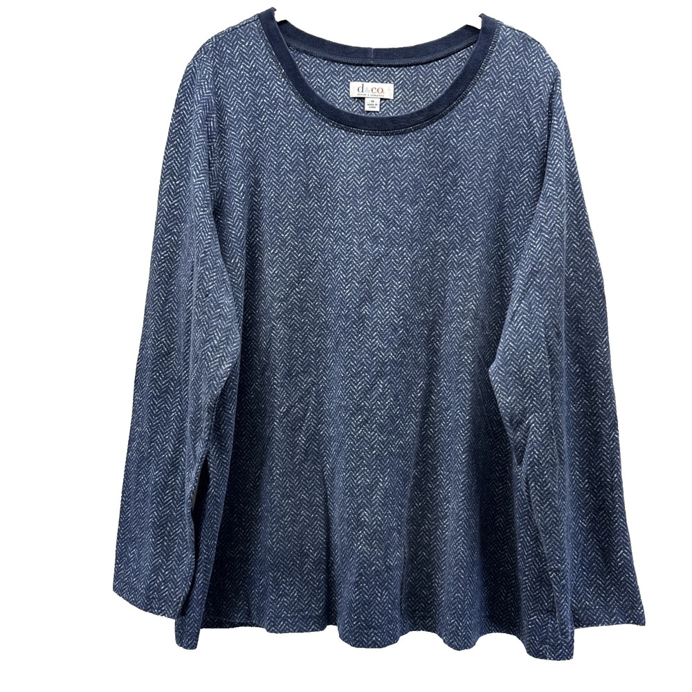 Denim & Co Women's Top Size 1X Plus Blue Herringbone Long Sleeve Pullover Cotton
